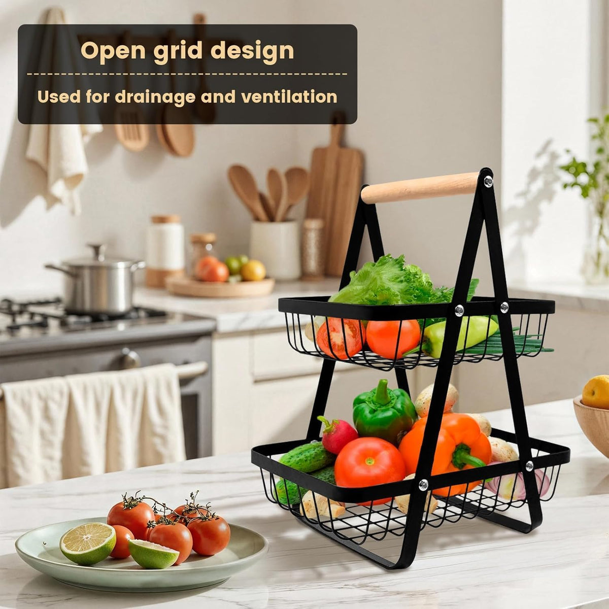 SKY-TOUCH 2-Tier Fruit Basket with Wooden Handle, Detachable Metal Fruit Bowl Holder Vegetable Storage Rack, Countertop Holder for Kitchen, Home, Office - Organize Fruits, Veggies, Snacks, Bread - 8