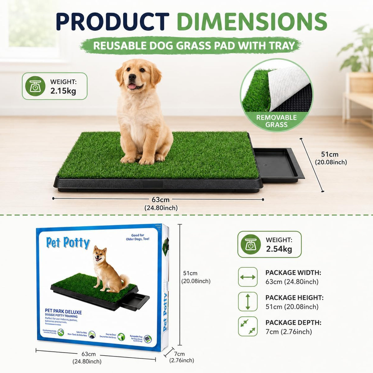 SKY-TOUCH Dog Potty Tray with Artificial Grass Pad, 3-Layer Washable Puppy Pee Training Toilet with Drawer, Indoor Pet Urine Mat for Small Medium Dogs, 51 x 64 x 6 cm - 2