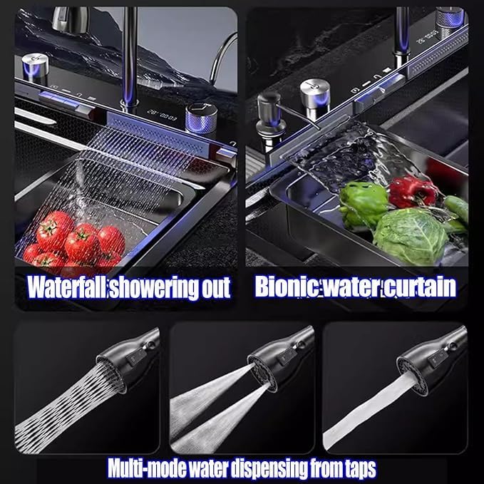 SKY-TOUCH 75 x 45 cm Single Bowl Waterfall Kitchen Sink, Stainless Steel Workstation Sink with Pull-Out Faucet, Cup Washer, Drain Basket, Cutting Board and Drain Kit - 4