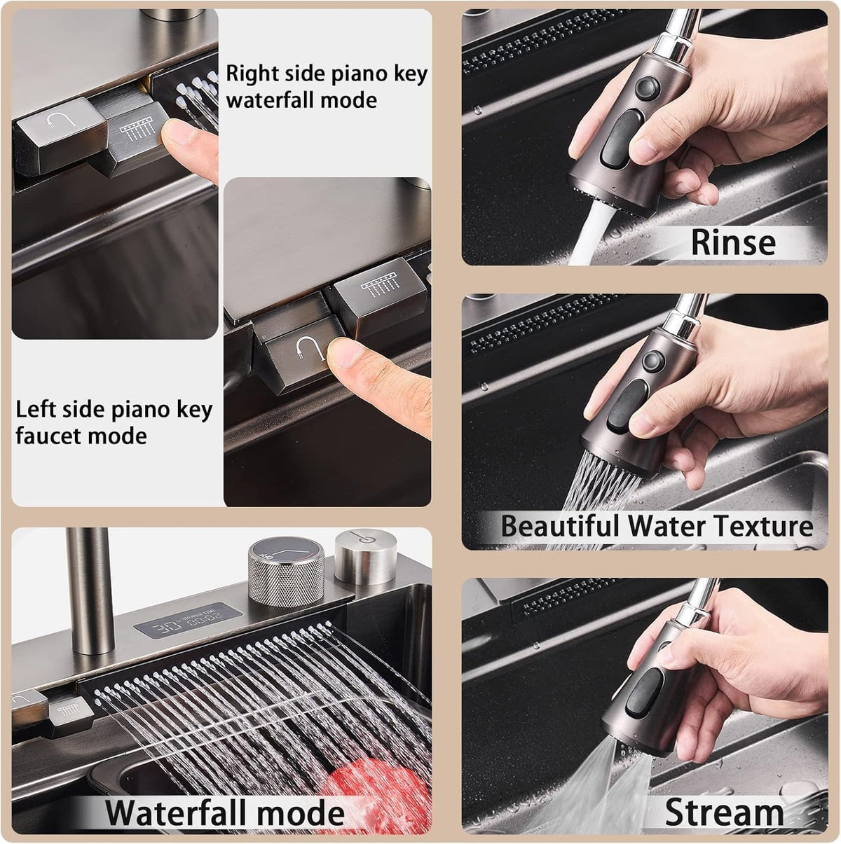 SKY-TOUCH 75 x 45 cm Single Bowl Waterfall Kitchen Sink, Stainless Steel Workstation Sink with Pull-Out Faucet, Cup Washer, Drain Basket, Cutting Board and Drain Kit - 7