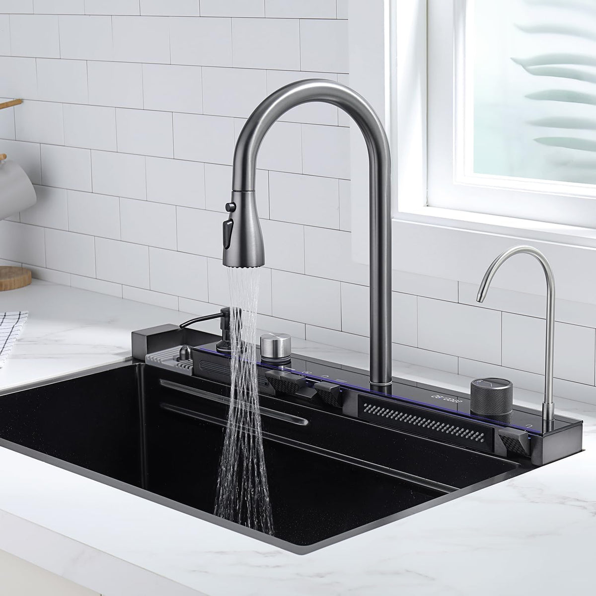 SKY-TOUCH 75 x 45 cm Single Bowl Waterfall Kitchen Sink, Stainless Steel Workstation Sink with Pull-Out Faucet, Cup Washer, Drain Basket, Cutting Board and Drain Kit - 9