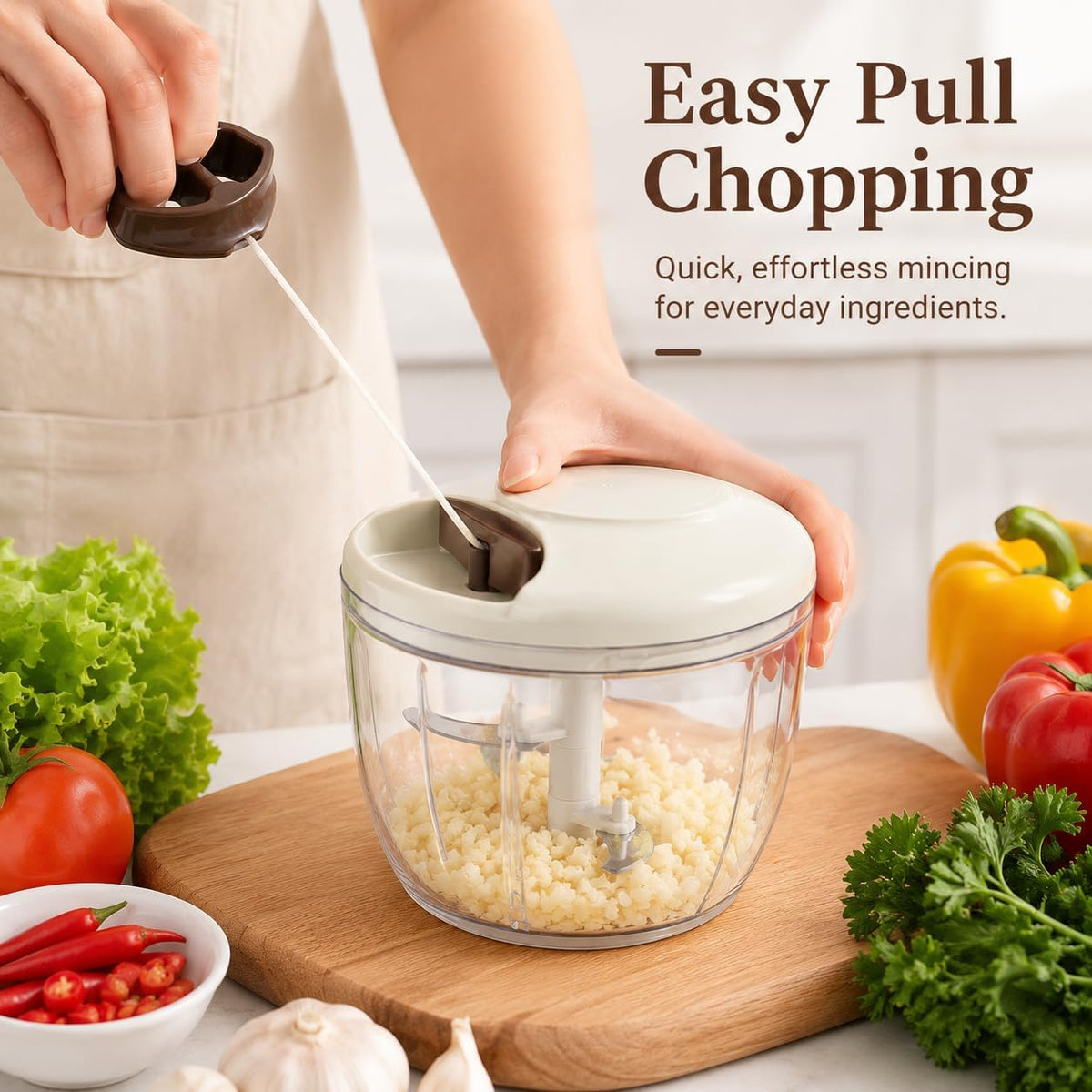 SKY-TOUCH Pull Chopper 900ml, BPA-Free Food Grade Manual Chopper with 5 Sharp 420 Stainless Steel Blades, Hand Pull Garlic Vegetable & Meat Mincer, Easy Clean Kitchen Tool - 2