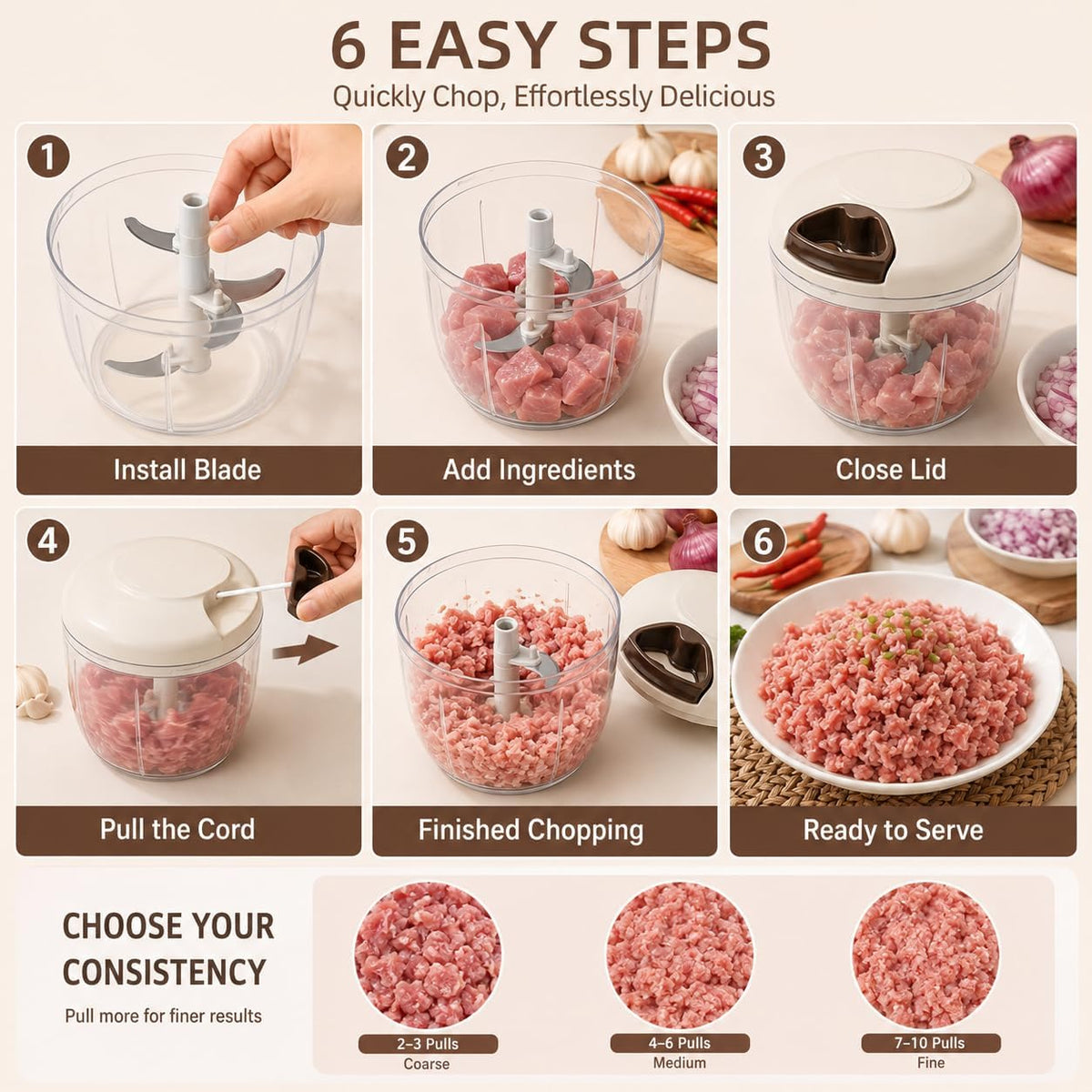 SKY-TOUCH Pull Chopper 900ml, BPA-Free Food Grade Manual Chopper with 5 Sharp 420 Stainless Steel Blades, Hand Pull Garlic Vegetable & Meat Mincer, Easy Clean Kitchen Tool - 6