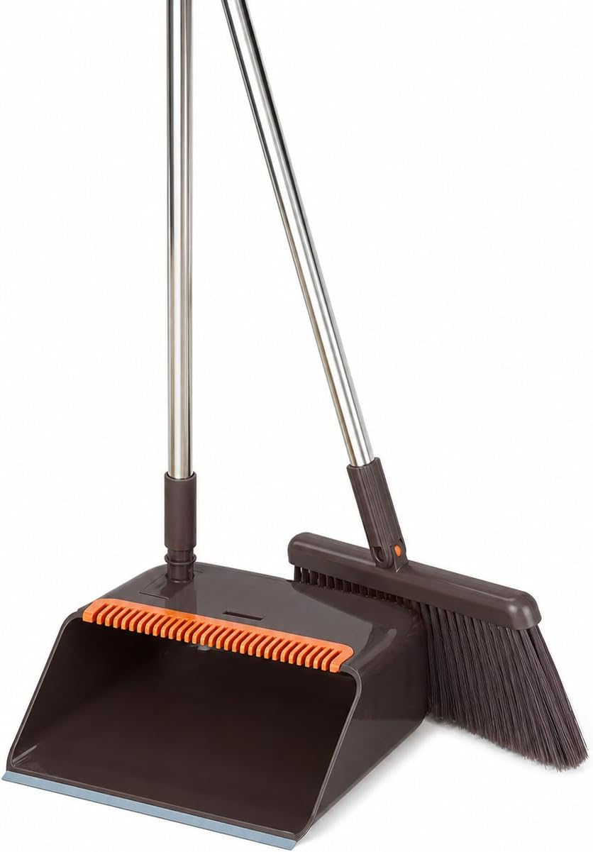SKY-TOUCH Coffee Brown Broom and Dustpan Set with Long Handle, Upright Standing Dustpan with Built-in Comb Teeth, Indoor Sweeping Cleaning Set for Kitchen, Home, Office and Pet Hair - 2