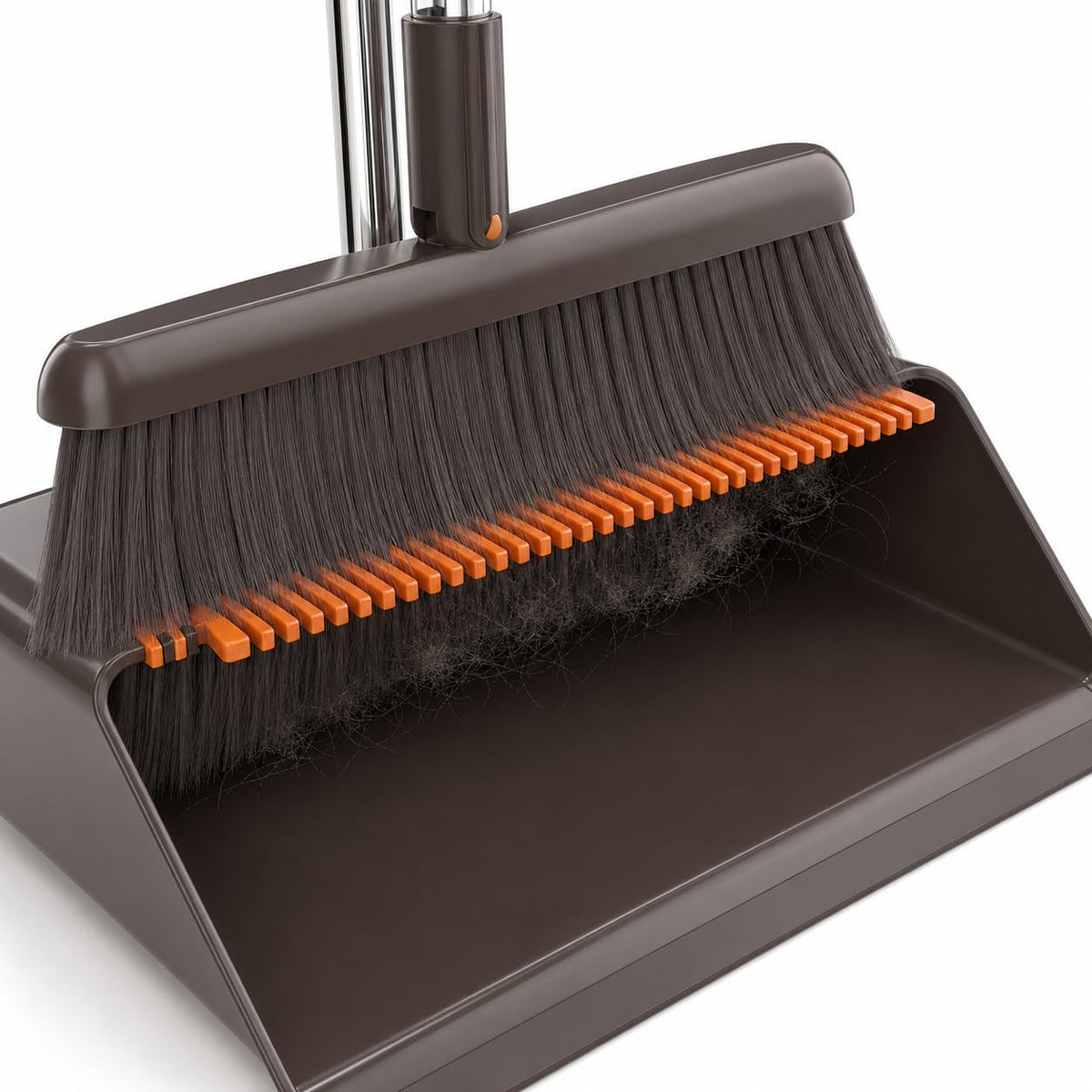 SKY-TOUCH Coffee Brown Broom and Dustpan Set with Long Handle, Upright Standing Dustpan with Built-in Comb Teeth, Indoor Sweeping Cleaning Set for Kitchen, Home, Office and Pet Hair - 3