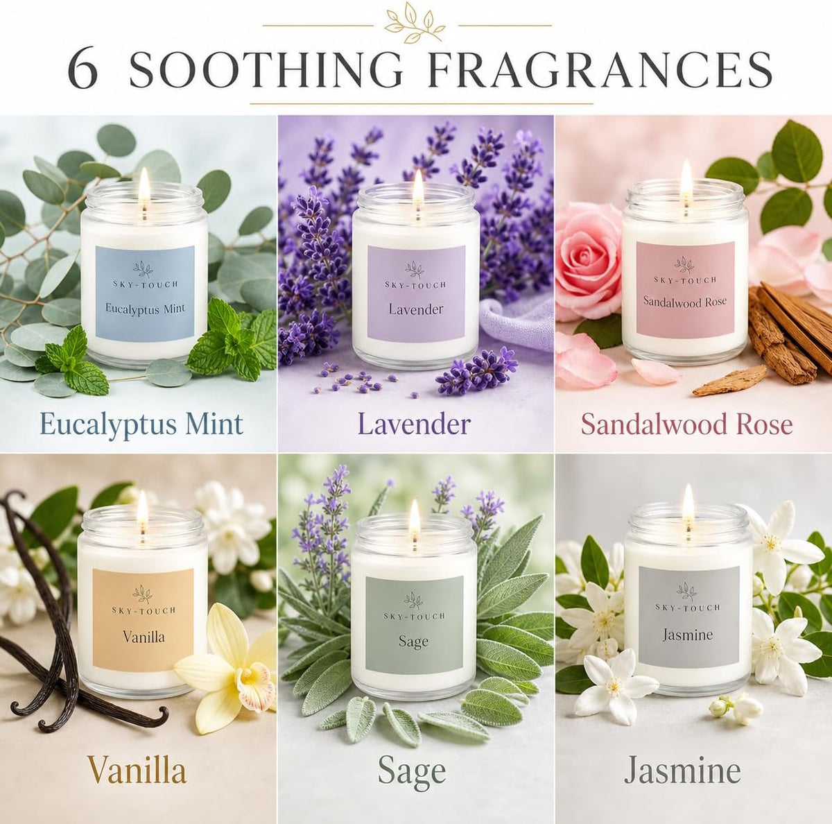 SKY-TOUCH 6 Pack Scented Candles Gift Set, Natural Soy Wax Aromatherapy Candles with Essential Oils for Women Men Friends Family, Eucalyptus Mint, Lavender, Sandalwood Rose, Vanilla, Sage, Jasmine - 2