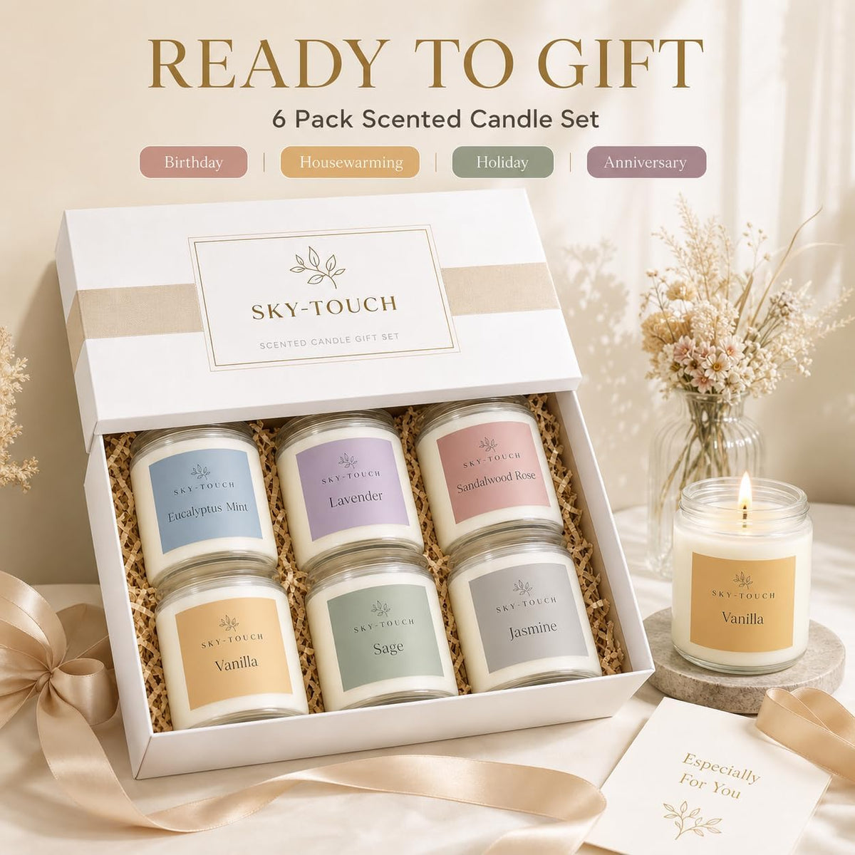 SKY-TOUCH 6 Pack Scented Candles Gift Set, Natural Soy Wax Aromatherapy Candles with Essential Oils for Women Men Friends Family, Eucalyptus Mint, Lavender, Sandalwood Rose, Vanilla, Sage, Jasmine - 5