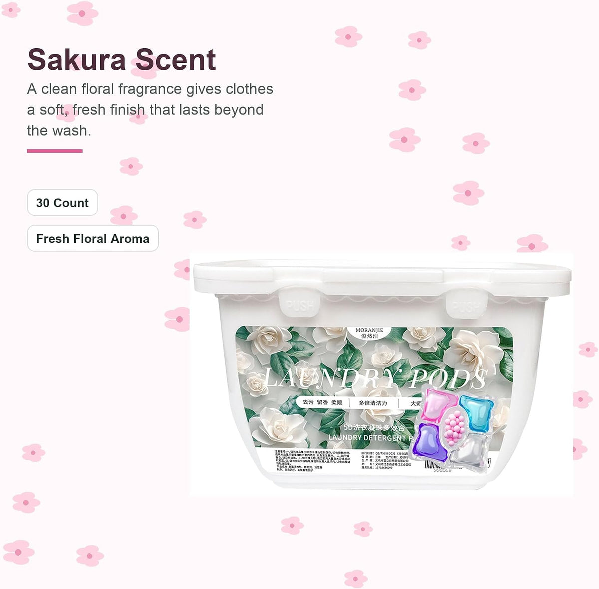 SKY-TOUOCH 5-in-1 Laundry Detergent Pods, 30 Count Sakura Scent Laundry Capsules, Deep Cleaning, Color Care, Softening, Long-Lasting Freshness, Low Foam Easy Rinse, Fast Dissolving - 2