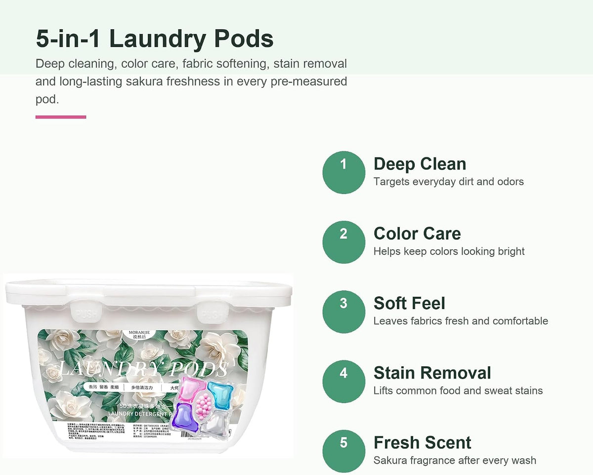 SKY-TOUOCH 5-in-1 Laundry Detergent Pods, 30 Count Sakura Scent Laundry Capsules, Deep Cleaning, Color Care, Softening, Long-Lasting Freshness, Low Foam Easy Rinse, Fast Dissolving - 7