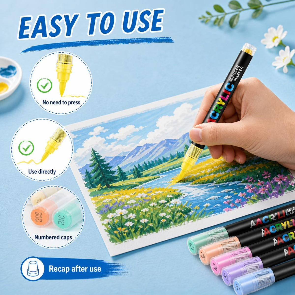 SKY-TOUCH Acrylic Paint Pens, 24 Colors Brush Tip Paint Markers, Water-Based Quick Dry Art Markers for Rock Painting, Wood, Glass, Canvas, Stone, Ceramic, Paper, DIY Crafts for Kids & Adults - 3