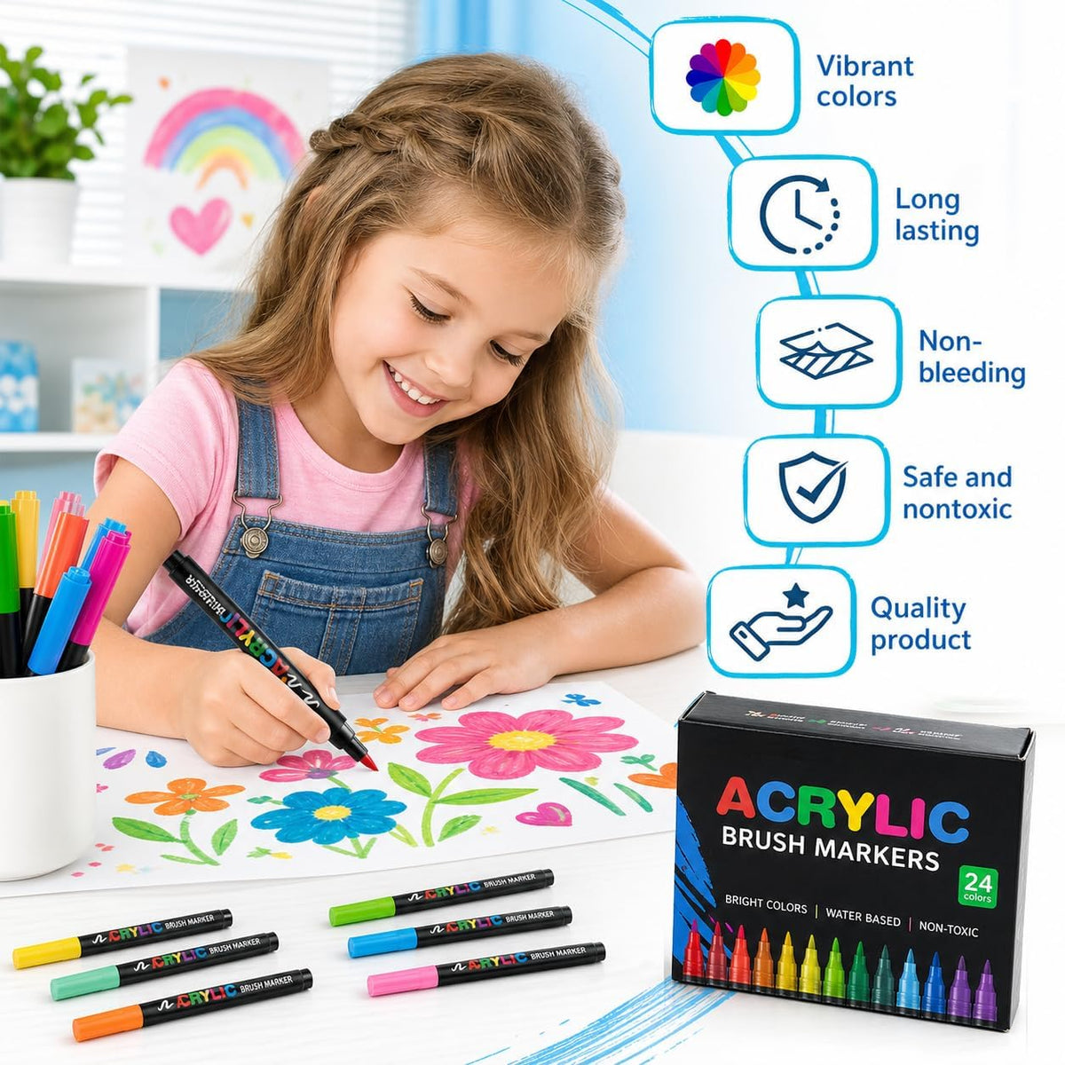 SKY-TOUCH Acrylic Paint Pens, 24 Colors Brush Tip Paint Markers, Water-Based Quick Dry Art Markers for Rock Painting, Wood, Glass, Canvas, Stone, Ceramic, Paper, DIY Crafts for Kids & Adults - 4
