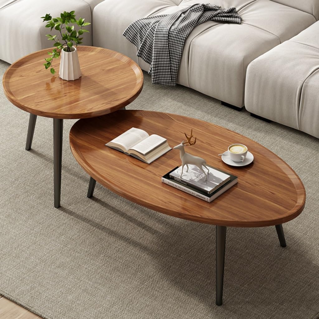 SKY-TOUCH Wooden Coffee Table Set – Modern Style Side Tables; Features Spacious Tabletops And Non-slip Tray Designs, With Steel Frames And Wooden Structures 50 x 50 x 47.5 cm & 80 x 55 x 38 cm - 2