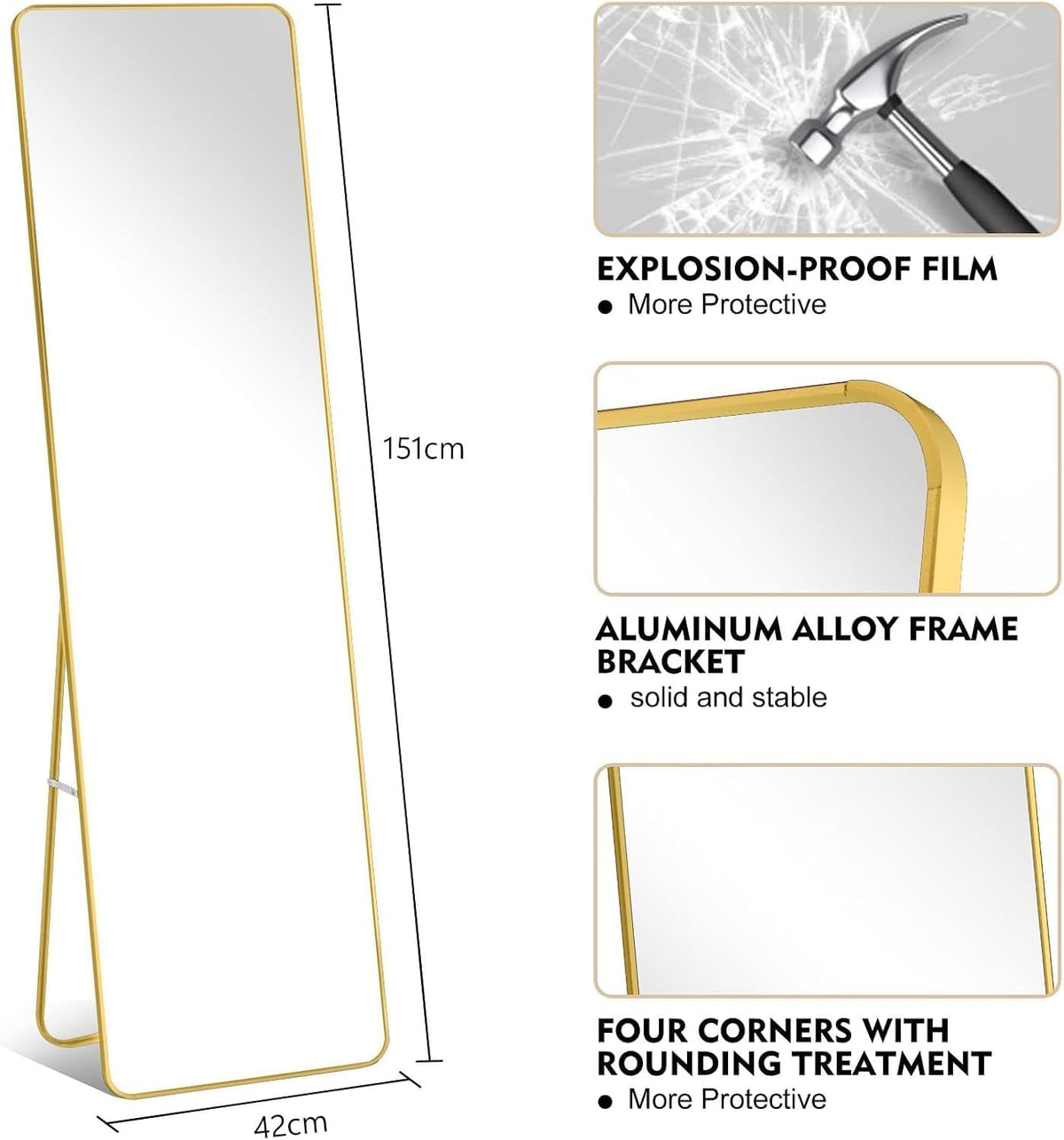 SKY-TOUCH Full Length Mirror 151x42cm, Floor Mirrors with Aluminum Alloy Frame Free-Standing Leaning Large Bedroom Dressing Mirror, Full Body Mirror with Stand for Living Room,Bedroom, White - 2