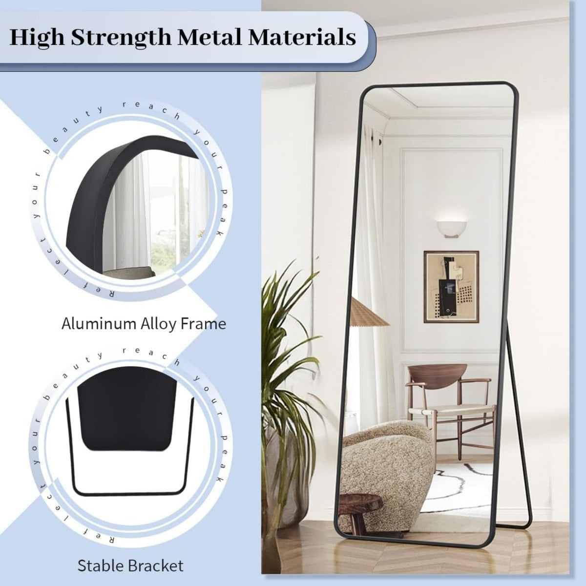 SKY-TOUCH Full Length Mirror 151x42cm, Floor Mirrors with Aluminum Alloy Frame Free-Standing Leaning Large Bedroom Dressing Mirror, Full Body Mirror with Stand for Living Room,Bedroom, White - 3