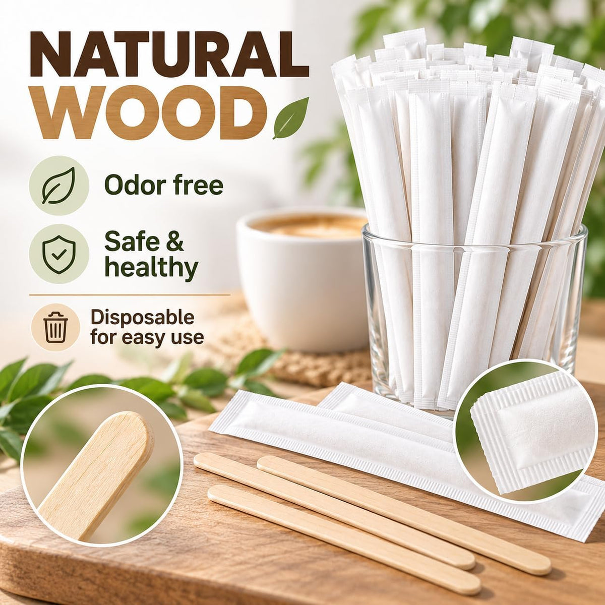 SKY-TOUCH 100pcs Individually Wrapped Wooden Coffee Stirrers - 14cm Coffee Stir Sticks, Round End Disposable Stir Sticks, For Coffee, Cocktail and Hot Drinks - 2