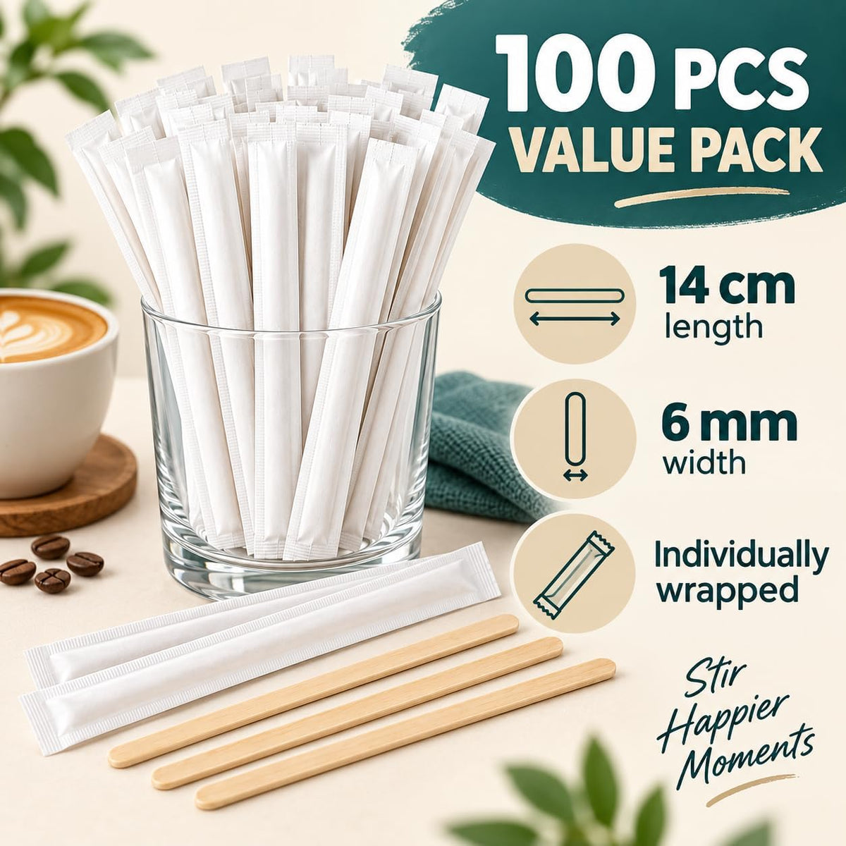 SKY-TOUCH 100pcs Individually Wrapped Wooden Coffee Stirrers - 14cm Coffee Stir Sticks, Round End Disposable Stir Sticks, For Coffee, Cocktail and Hot Drinks - 3