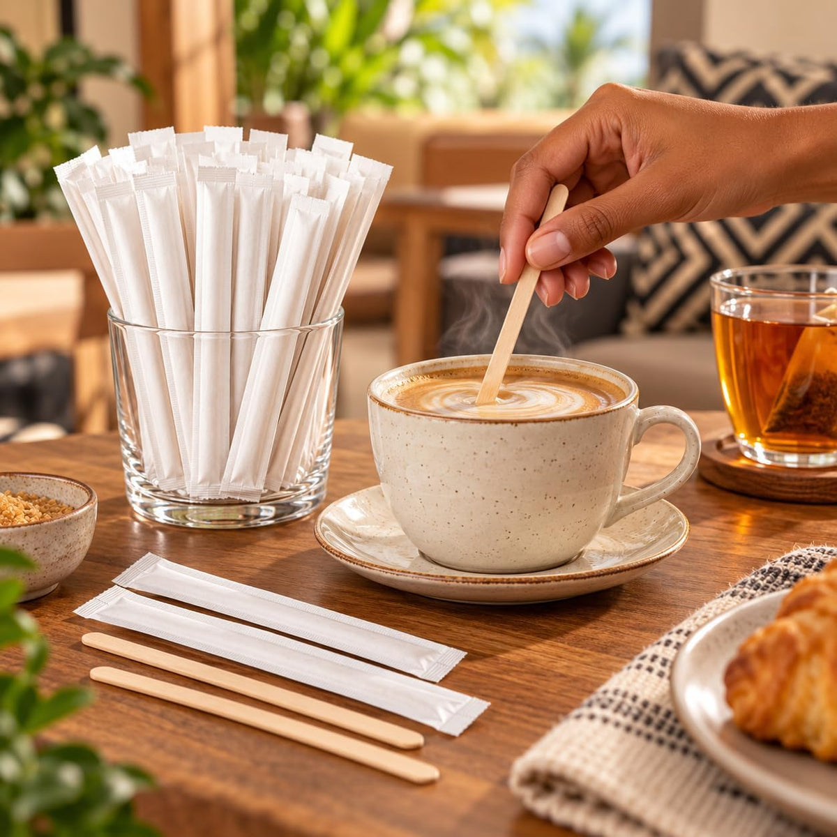 SKY-TOUCH 100pcs Individually Wrapped Wooden Coffee Stirrers - 14cm Coffee Stir Sticks, Round End Disposable Stir Sticks, For Coffee, Cocktail and Hot Drinks - 5