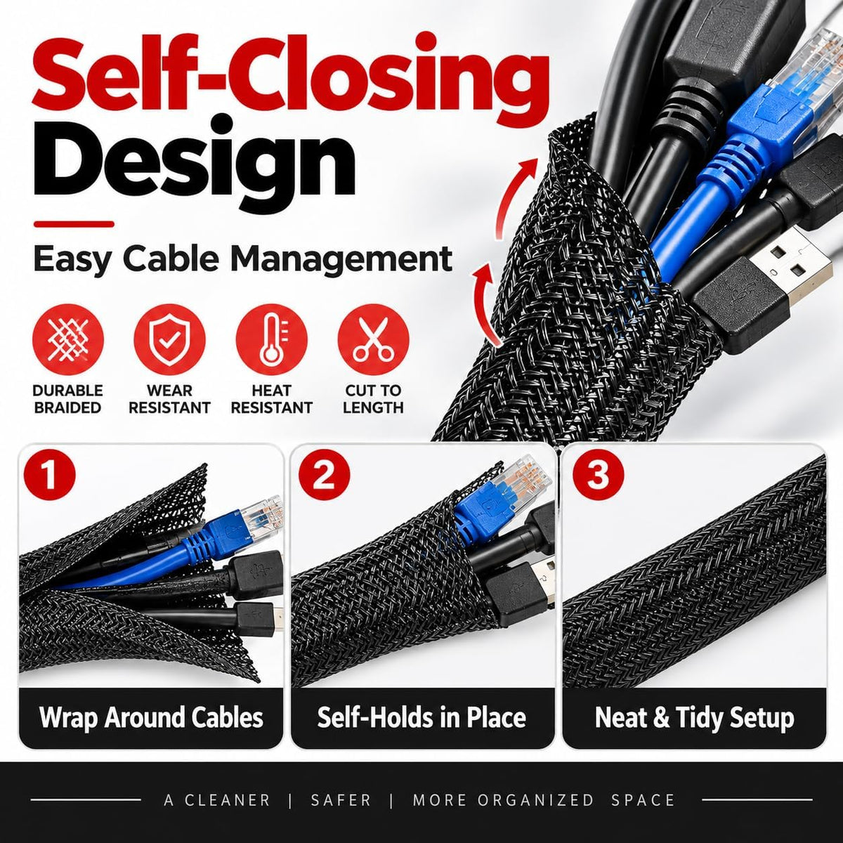 SKY-TOUCH 16mm Cable Management, Wire Management Sleeve Hider for TV Desk PC Cable Wraps with Flame Retardancy Wires Organizer and Protector, Black, 2m - 2
