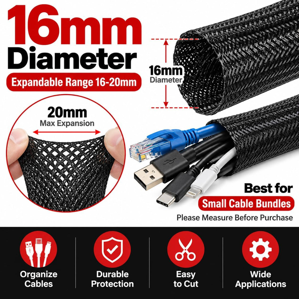 SKY-TOUCH 16mm Cable Management, Wire Management Sleeve Hider for TV Desk PC Cable Wraps with Flame Retardancy Wires Organizer and Protector, Black, 2m - 3