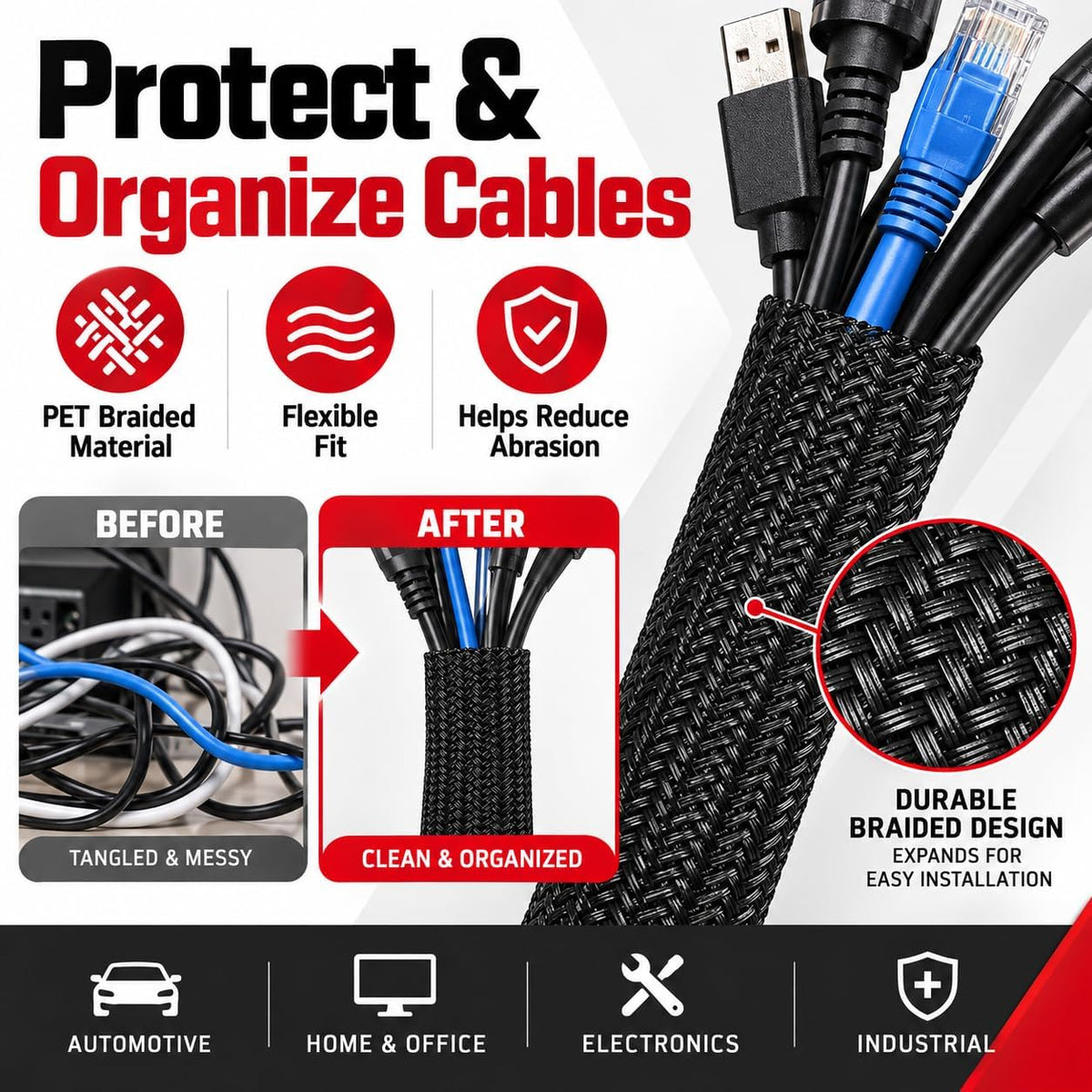 SKY-TOUCH 16mm Cable Management, Wire Management Sleeve Hider for TV Desk PC Cable Wraps with Flame Retardancy Wires Organizer and Protector, Black, 2m - 4