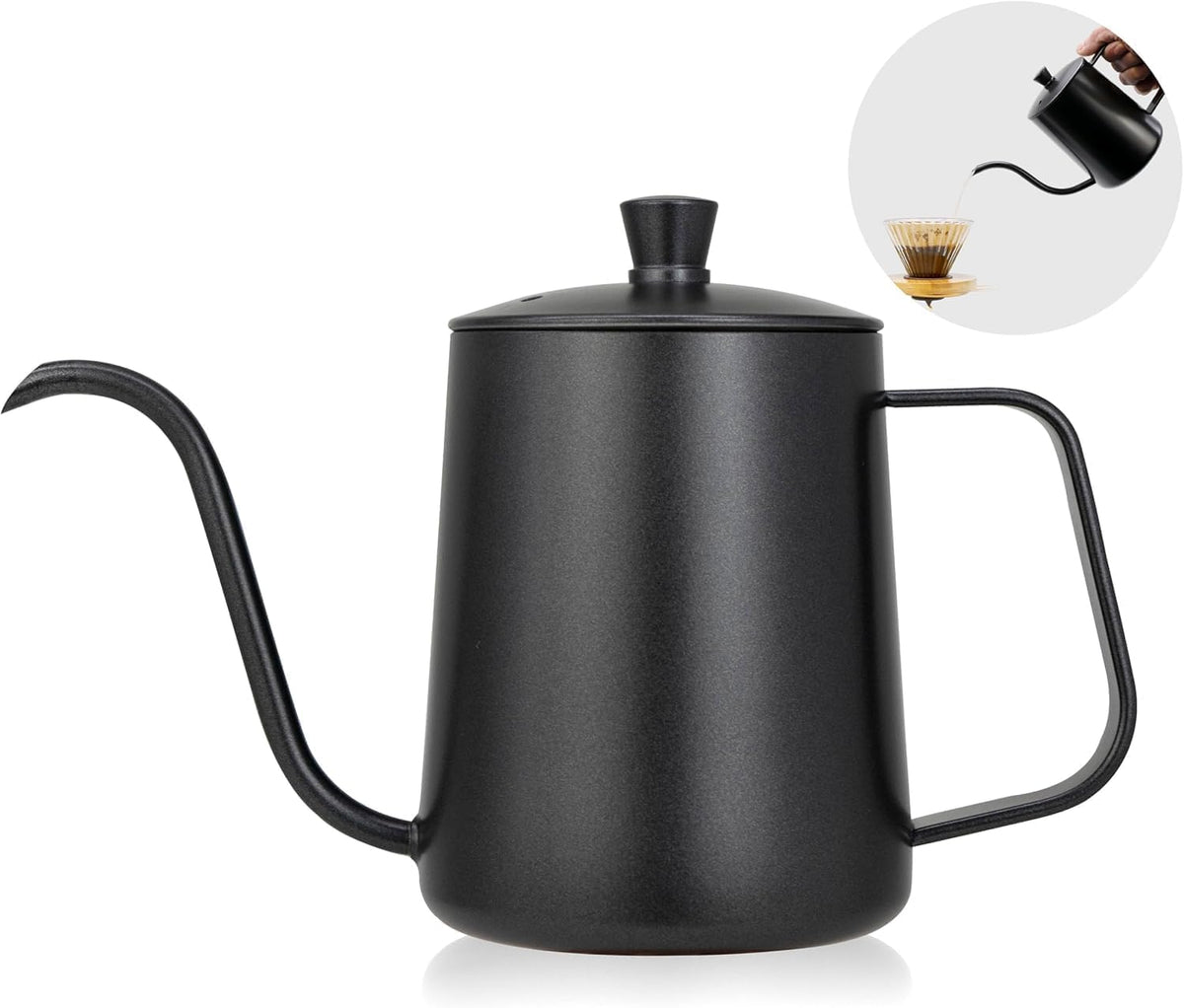 SKY-TOUCH V60 Black Slim Spout Coffee Pitcher with Lid for Drip Coffee Tea Stainless Steel, 600ml - 2