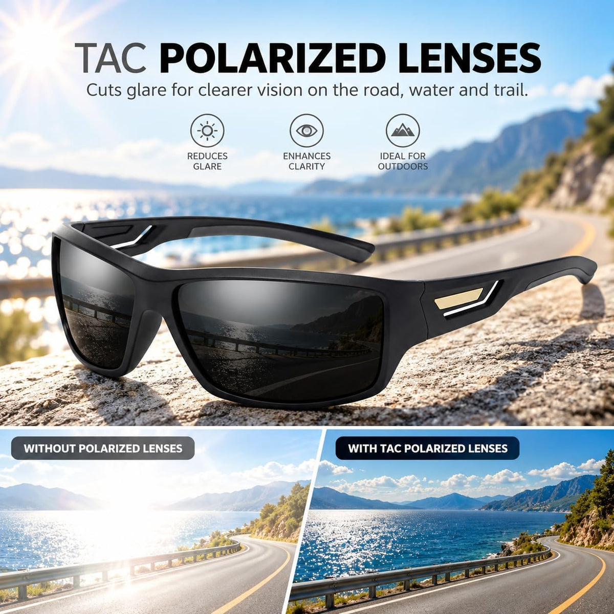 SKY-TOUCH TR90 Polarized Sports Sunglasses for Men and Women, Lightweight Wraparound Outdoor Sunglasses with TAC Polarized Lenses for Cycling, Driving, Fishing, Running and Hiking, Black - 2