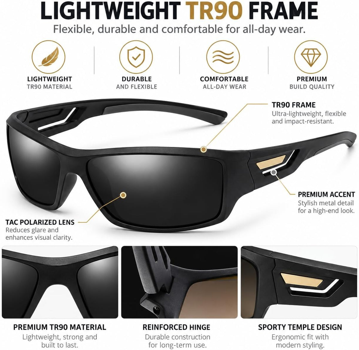 SKY-TOUCH TR90 Polarized Sports Sunglasses for Men and Women, Lightweight Wraparound Outdoor Sunglasses with TAC Polarized Lenses for Cycling, Driving, Fishing, Running and Hiking, Black - 3