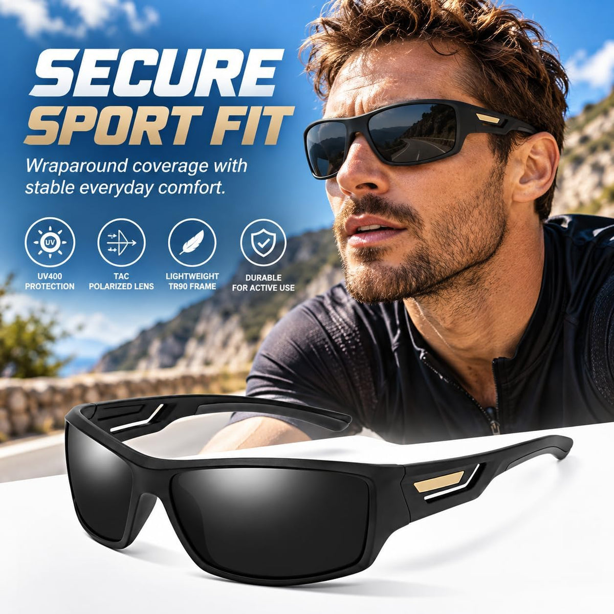 SKY-TOUCH TR90 Polarized Sports Sunglasses for Men and Women, Lightweight Wraparound Outdoor Sunglasses with TAC Polarized Lenses for Cycling, Driving, Fishing, Running and Hiking, Black - 4