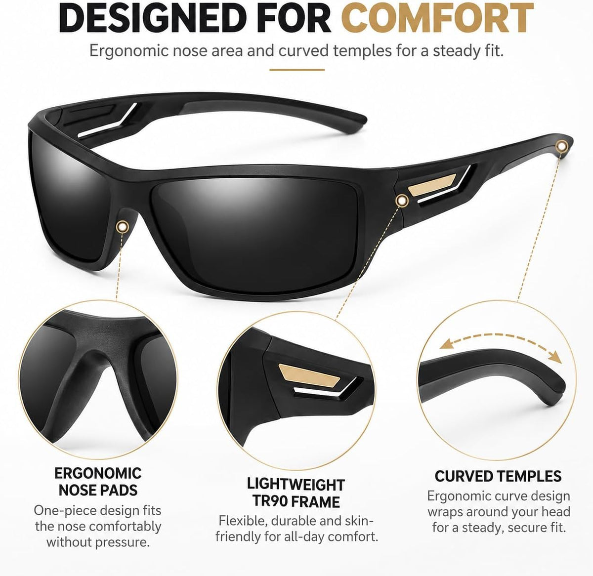 SKY-TOUCH TR90 Polarized Sports Sunglasses for Men and Women, Lightweight Wraparound Outdoor Sunglasses with TAC Polarized Lenses for Cycling, Driving, Fishing, Running and Hiking, Black - 5