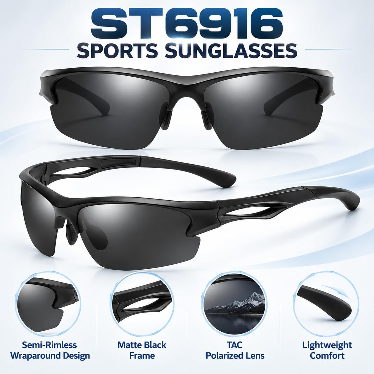 SKY-TOUCH Polarized Sports Sunglasses for Men and Women, TAC Lens Lightweight Wraparound Outdoor Sunglasses for Cycling, Running, Driving, Fishing and Hiking, Black - 2