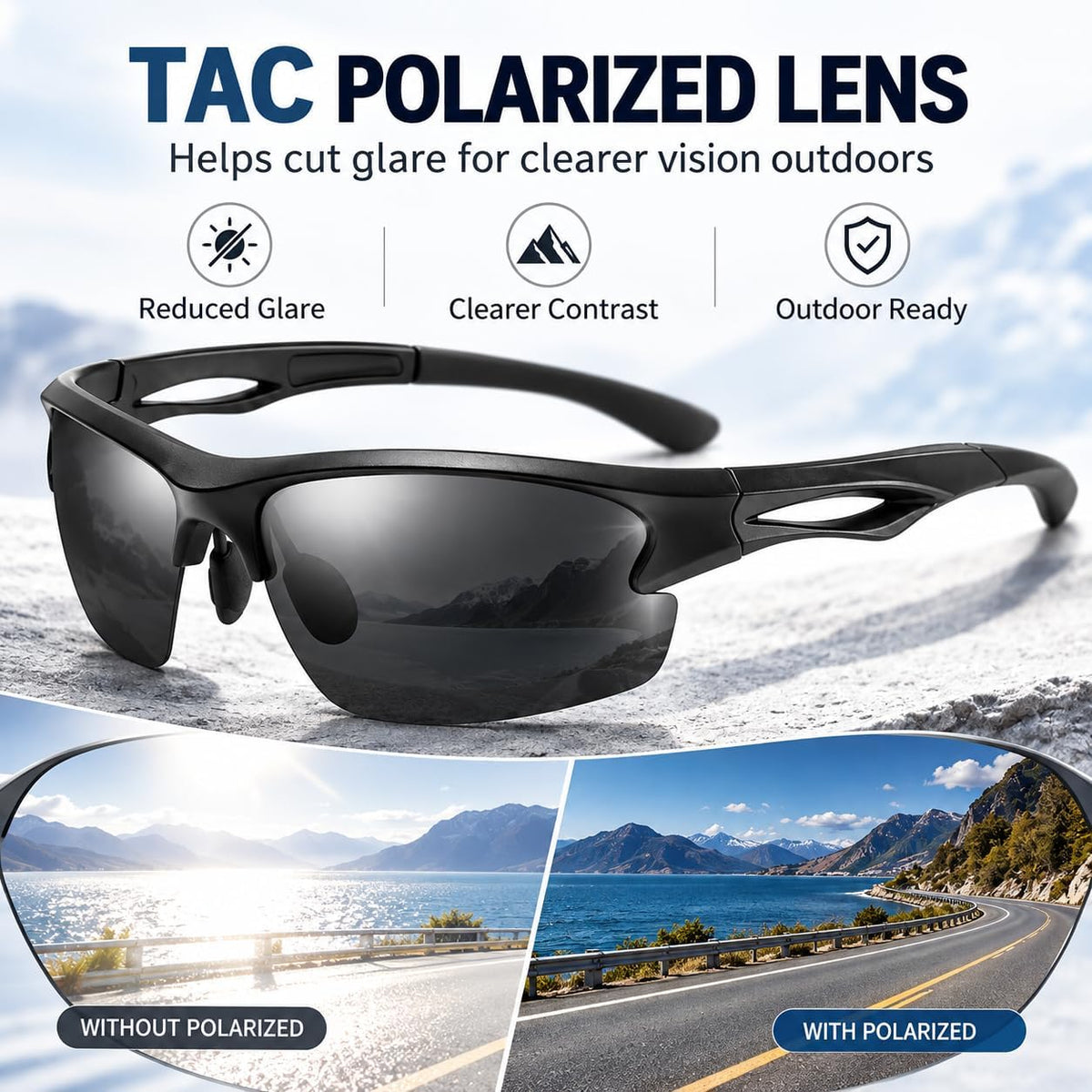 SKY-TOUCH Polarized Sports Sunglasses for Men and Women, TAC Lens Lightweight Wraparound Outdoor Sunglasses for Cycling, Running, Driving, Fishing and Hiking, Black - 3