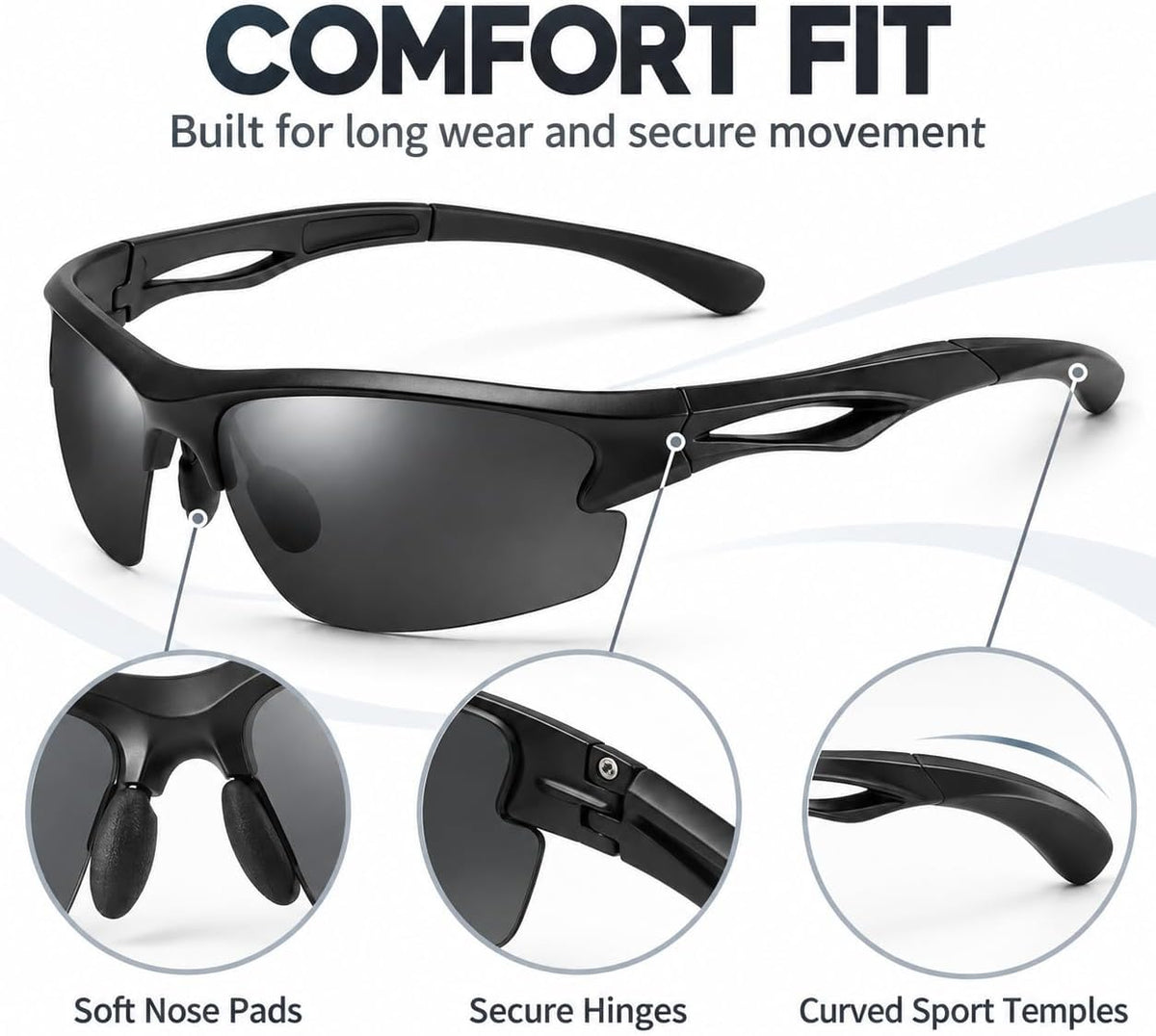 SKY-TOUCH Polarized Sports Sunglasses for Men and Women, TAC Lens Lightweight Wraparound Outdoor Sunglasses for Cycling, Running, Driving, Fishing and Hiking, Black - 4