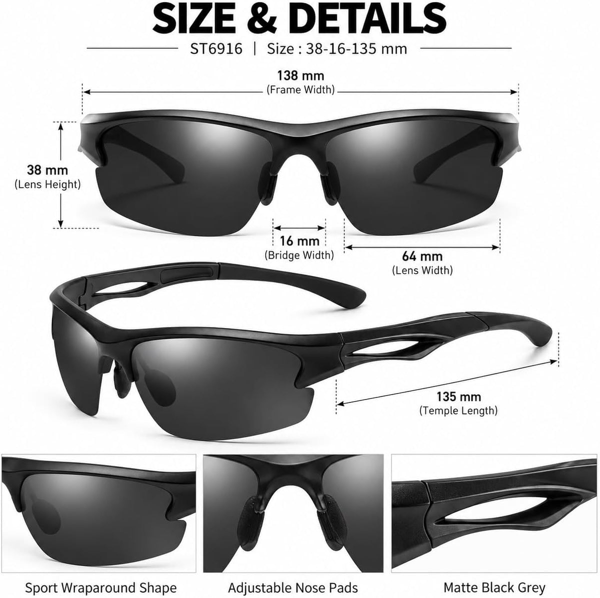 SKY-TOUCH Polarized Sports Sunglasses for Men and Women, TAC Lens Lightweight Wraparound Outdoor Sunglasses for Cycling, Running, Driving, Fishing and Hiking, Black - 6