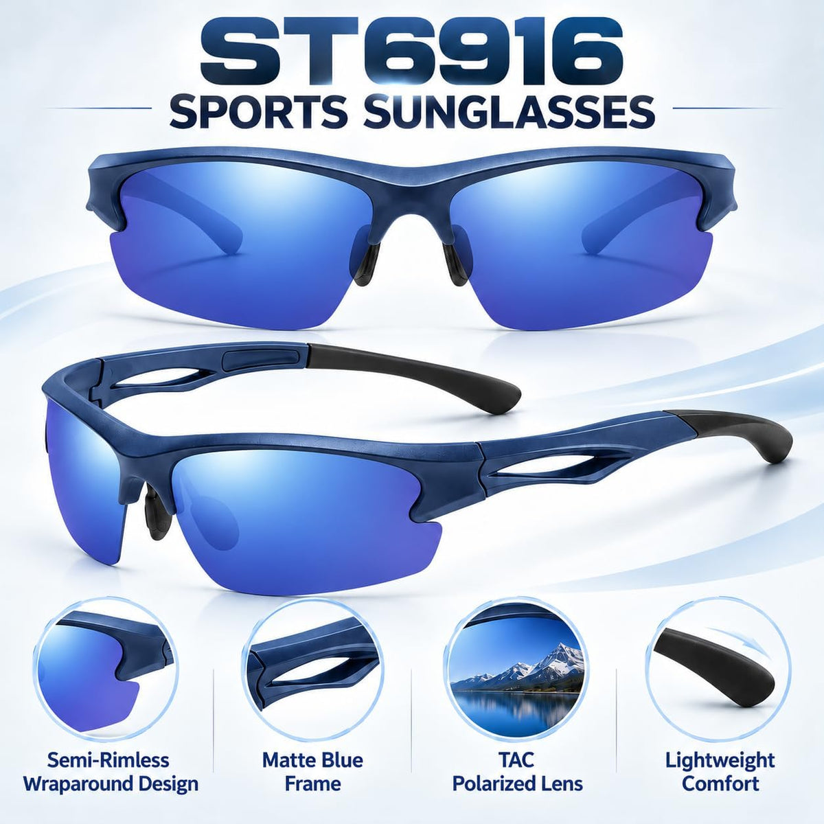 SKY-TOUCH Polarized Sports Sunglasses for Men and Women, TAC Lens Lightweight Wraparound Outdoor Sunglasses for Cycling, Running, Driving, Fishing and Hiking, Blue - 2