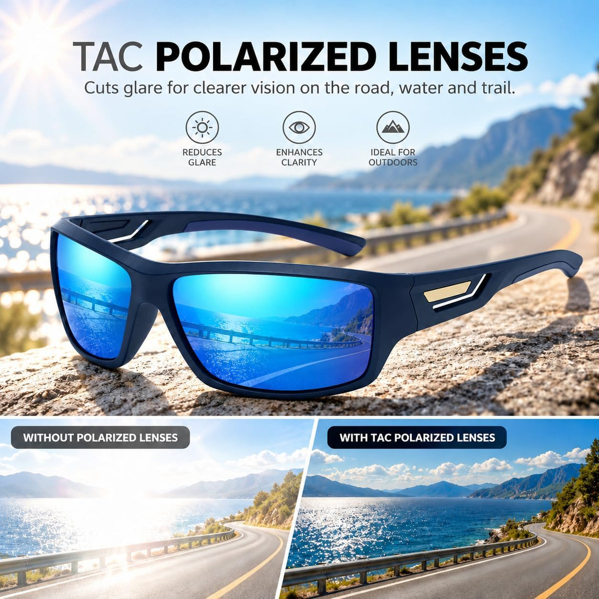 SKY-TOUCH TR90 Polarized Sports Sunglasses for Men and Women, Lightweight Wraparound Outdoor Sunglasses with TAC Polarized Lenses for Cycling, Driving, Fishing, Running and Hiking, Blue - 2