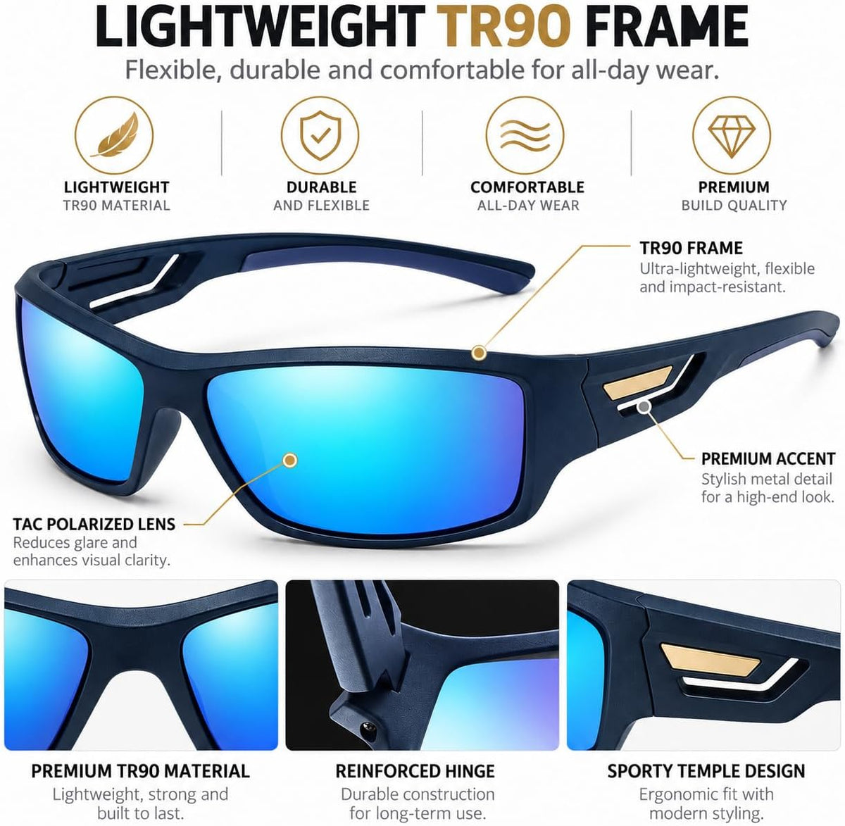 SKY-TOUCH TR90 Polarized Sports Sunglasses for Men and Women, Lightweight Wraparound Outdoor Sunglasses with TAC Polarized Lenses for Cycling, Driving, Fishing, Running and Hiking, Blue - 3