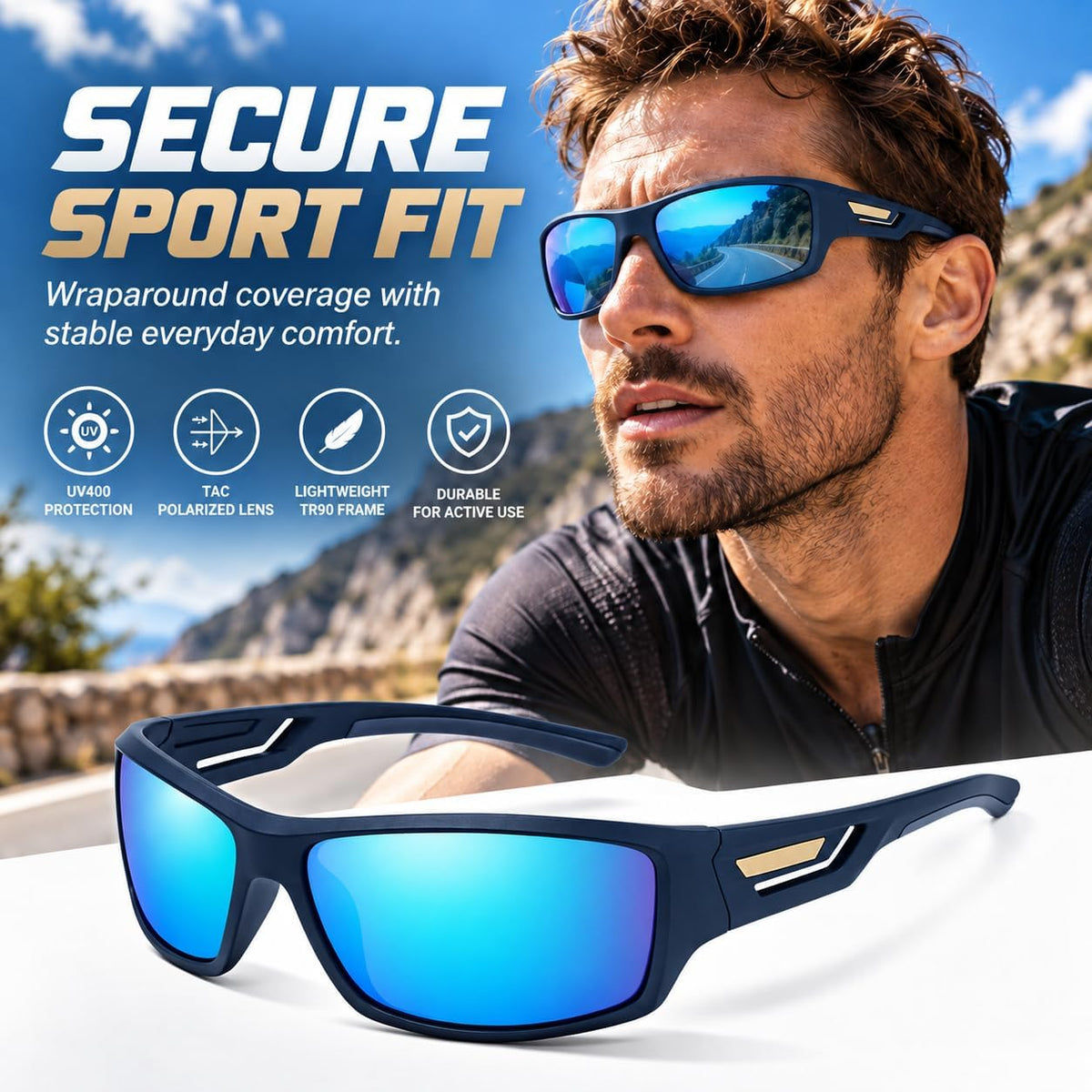 SKY-TOUCH TR90 Polarized Sports Sunglasses for Men and Women, Lightweight Wraparound Outdoor Sunglasses with TAC Polarized Lenses for Cycling, Driving, Fishing, Running and Hiking, Blue - 4