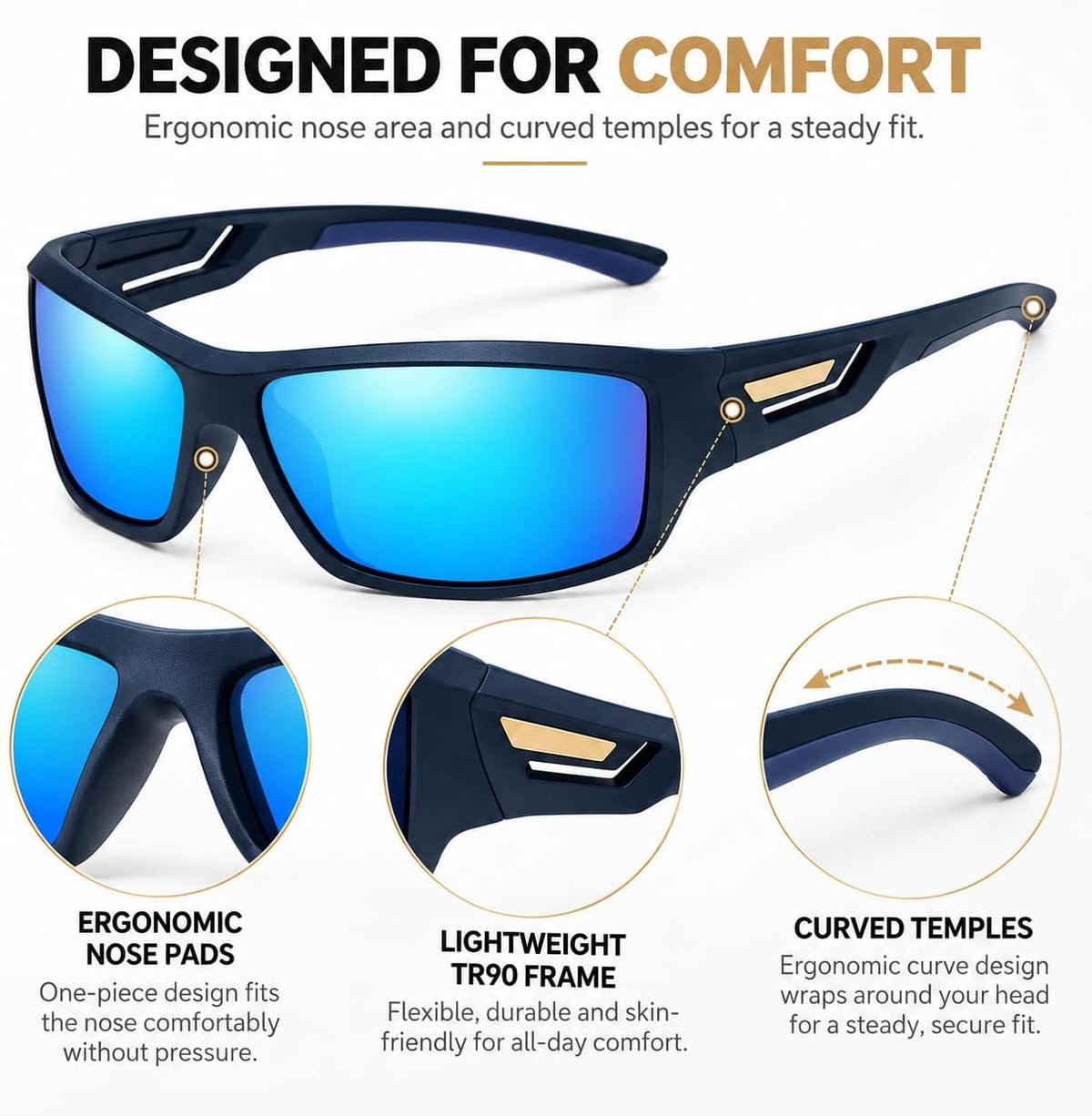 SKY-TOUCH TR90 Polarized Sports Sunglasses for Men and Women, Lightweight Wraparound Outdoor Sunglasses with TAC Polarized Lenses for Cycling, Driving, Fishing, Running and Hiking, Blue - 5