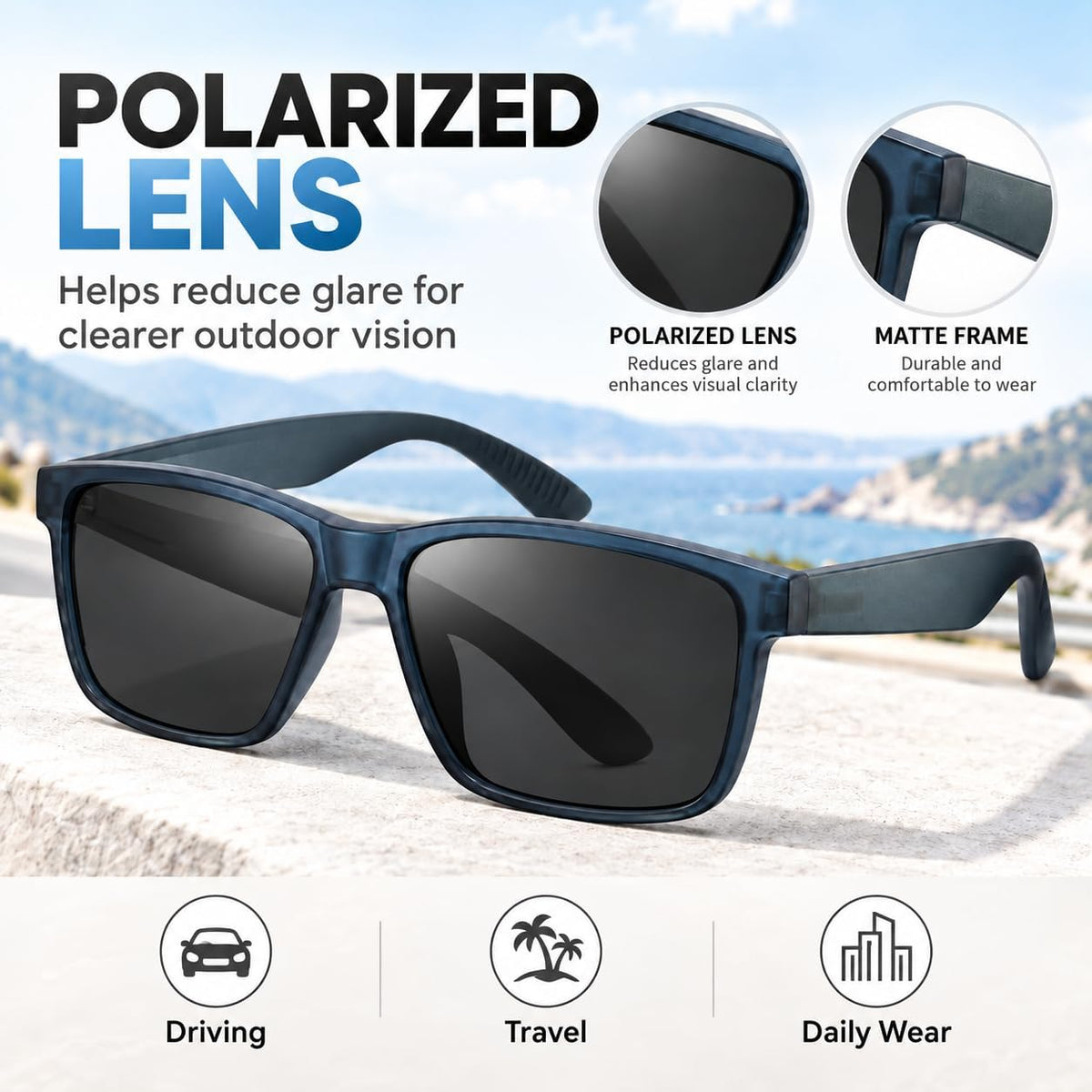 SKY-TOUCH Polarized Sunglasses for Men and Women, Square PC Frame Outdoor Sun Glasses, Lightweight Driving Eyewear for Travel, Walking and Daily Wear, 58-15-145mm, Blue - 2