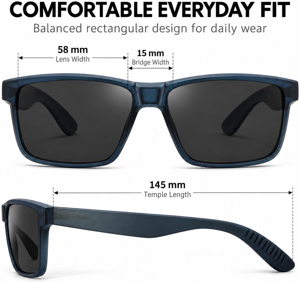 SKY-TOUCH Polarized Sunglasses for Men and Women, Square PC Frame Outdoor Sun Glasses, Lightweight Driving Eyewear for Travel, Walking and Daily Wear, 58-15-145mm, Blue - 3