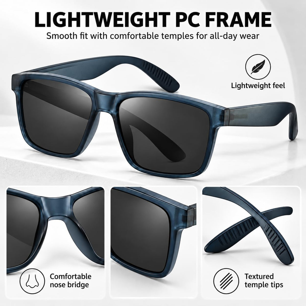SKY-TOUCH Polarized Sunglasses for Men and Women, Square PC Frame Outdoor Sun Glasses, Lightweight Driving Eyewear for Travel, Walking and Daily Wear, 58-15-145mm, Blue - 4