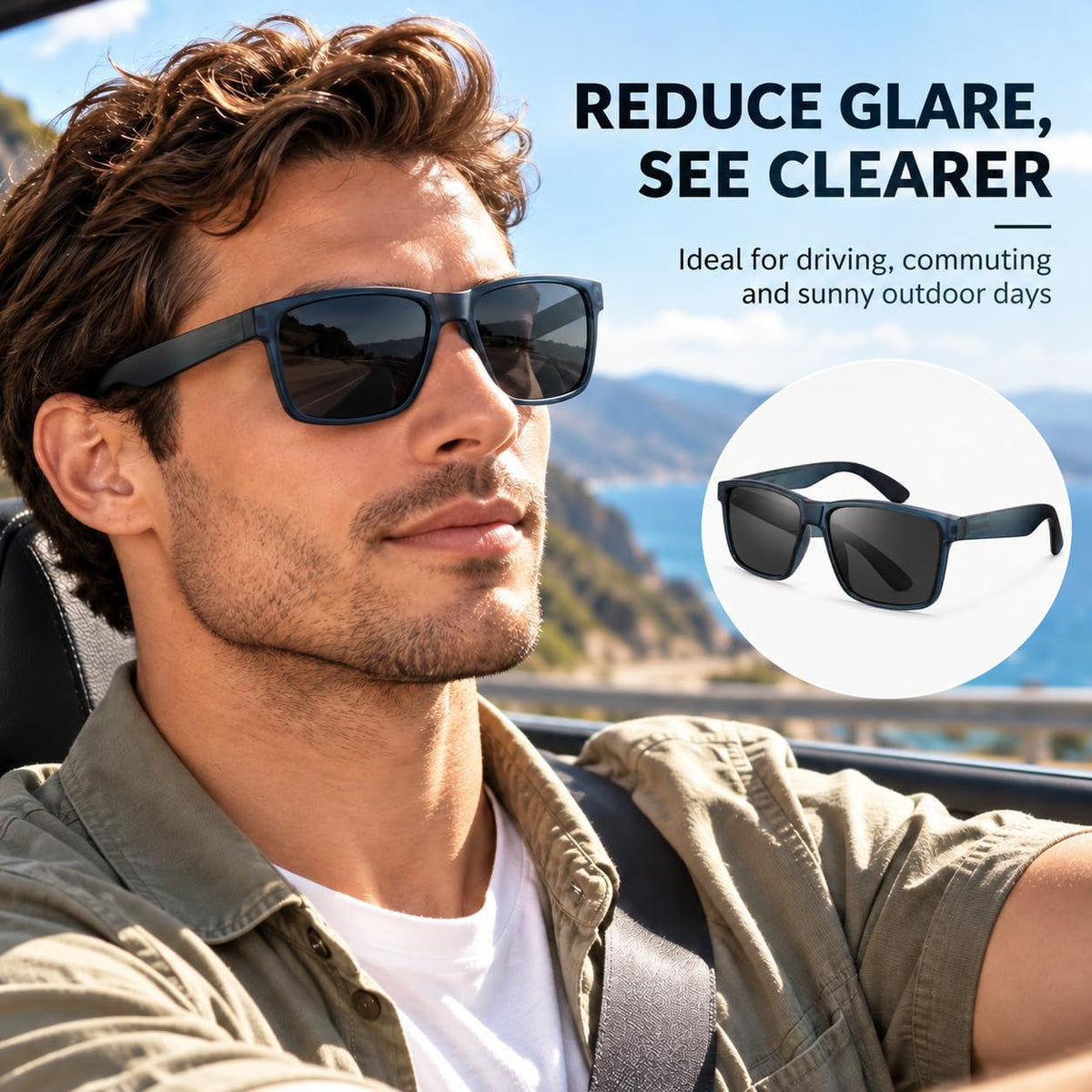 SKY-TOUCH Polarized Sunglasses for Men and Women, Square PC Frame Outdoor Sun Glasses, Lightweight Driving Eyewear for Travel, Walking and Daily Wear, 58-15-145mm, Blue - 5