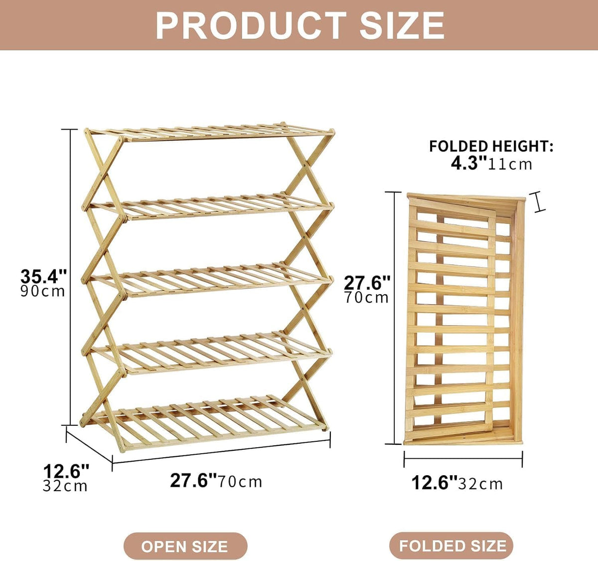 SKY-TOUCH 5-Tier Folding Shoe Racks, Foldable Bamboo Shoe Shelf Multifunctional Storage Free Standing Shoe Shelf, Sturdy Free Standing Shoe Racks for Porch, Entryway and Living Room - 2