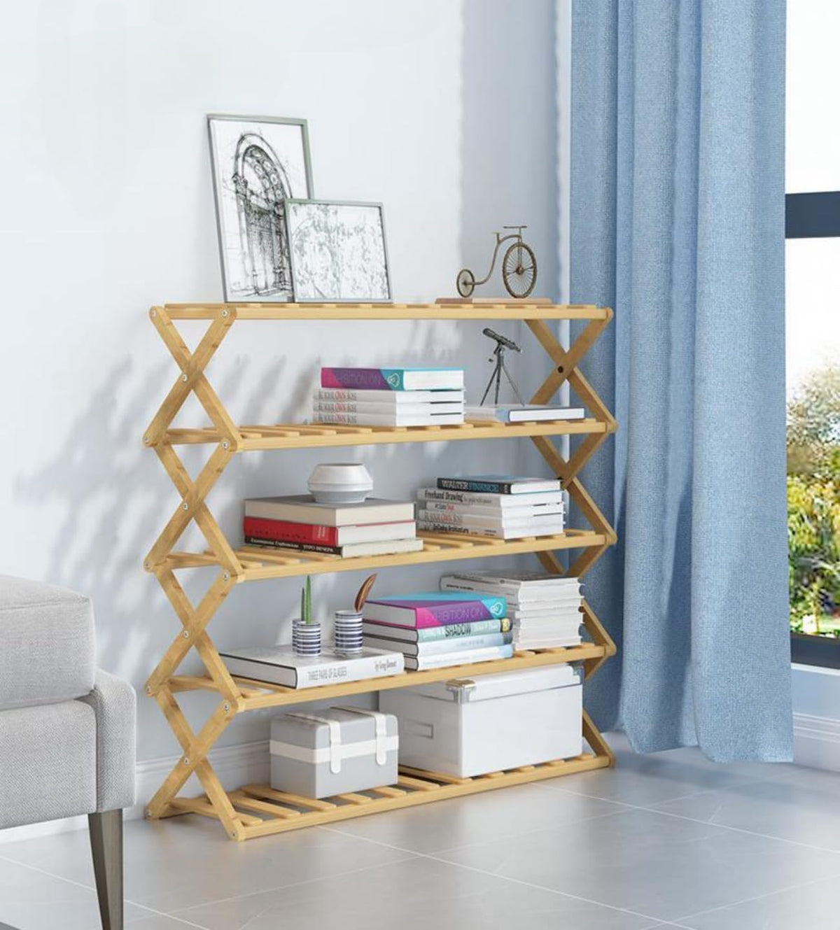 SKY-TOUCH 5-Tier Folding Shoe Racks, Foldable Bamboo Shoe Shelf Multifunctional Storage Free Standing Shoe Shelf, Sturdy Free Standing Shoe Racks for Porch, Entryway and Living Room - 3