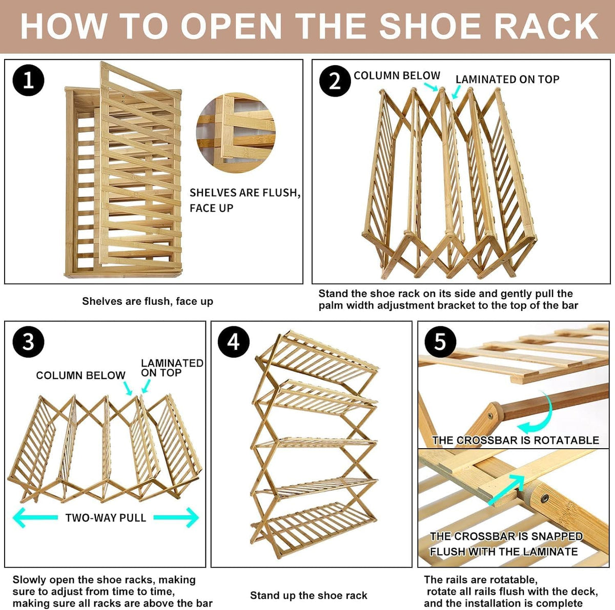 SKY-TOUCH 5-Tier Folding Shoe Racks, Foldable Bamboo Shoe Shelf Multifunctional Storage Free Standing Shoe Shelf, Sturdy Free Standing Shoe Racks for Porch, Entryway and Living Room - 4