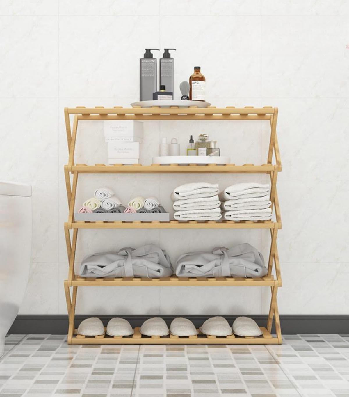 SKY-TOUCH 5-Tier Folding Shoe Racks, Foldable Bamboo Shoe Shelf Multifunctional Storage Free Standing Shoe Shelf, Sturdy Free Standing Shoe Racks for Porch, Entryway and Living Room - 6