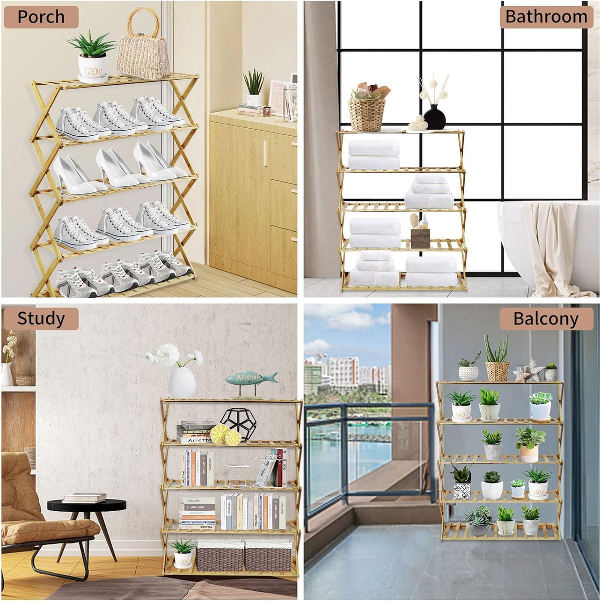 SKY-TOUCH 5-Tier Folding Shoe Racks, Foldable Bamboo Shoe Shelf Multifunctional Storage Free Standing Shoe Shelf, Sturdy Free Standing Shoe Racks for Porch, Entryway and Living Room - 7