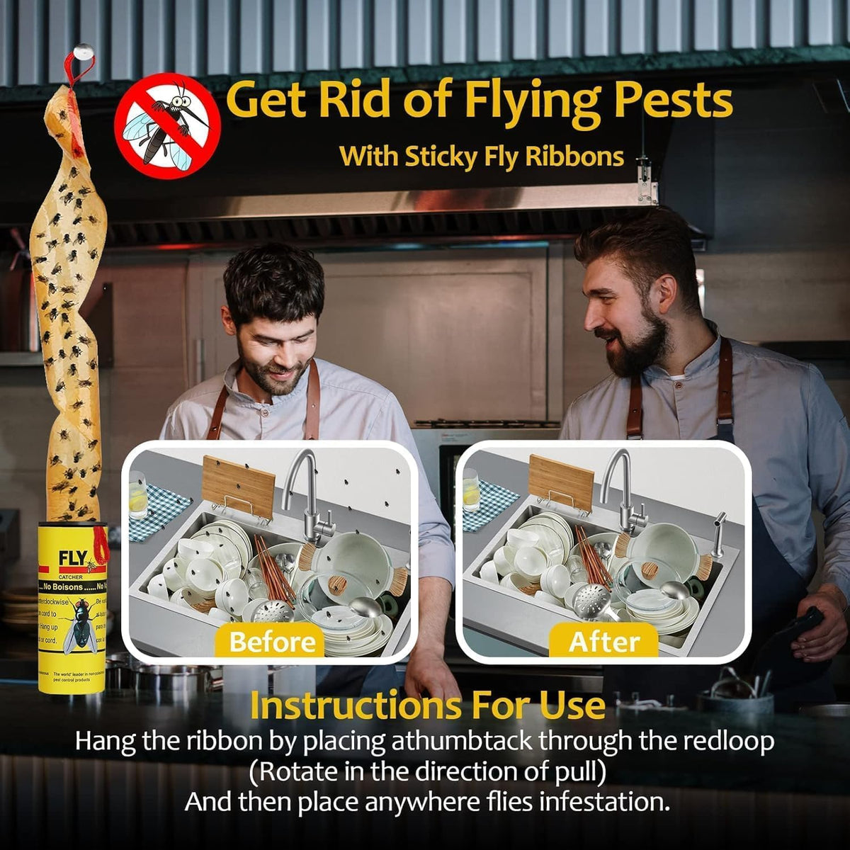 SKY-TOUCH 12 Pcs Sticky Fly Trap Indoor,Fly Traps Outdoor Hanging, Fruit Fly Trap Strips Tape Killer, Flying Insect Trap for Gnat, Insect,Mosquito,Suitable for home, kitchen, terrace. - 3