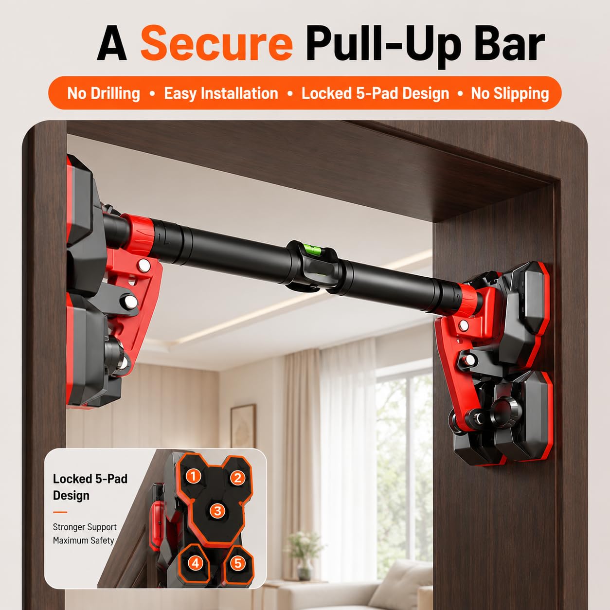 SKY-TOUCH Pull Up Bar for Doorway, Adjustable 70-96cm Chin Up Bar with Dual Support Design and Dual Bubble Levels, No Drill Installation Strength Training Bar for Home Gym Fitness Exercise