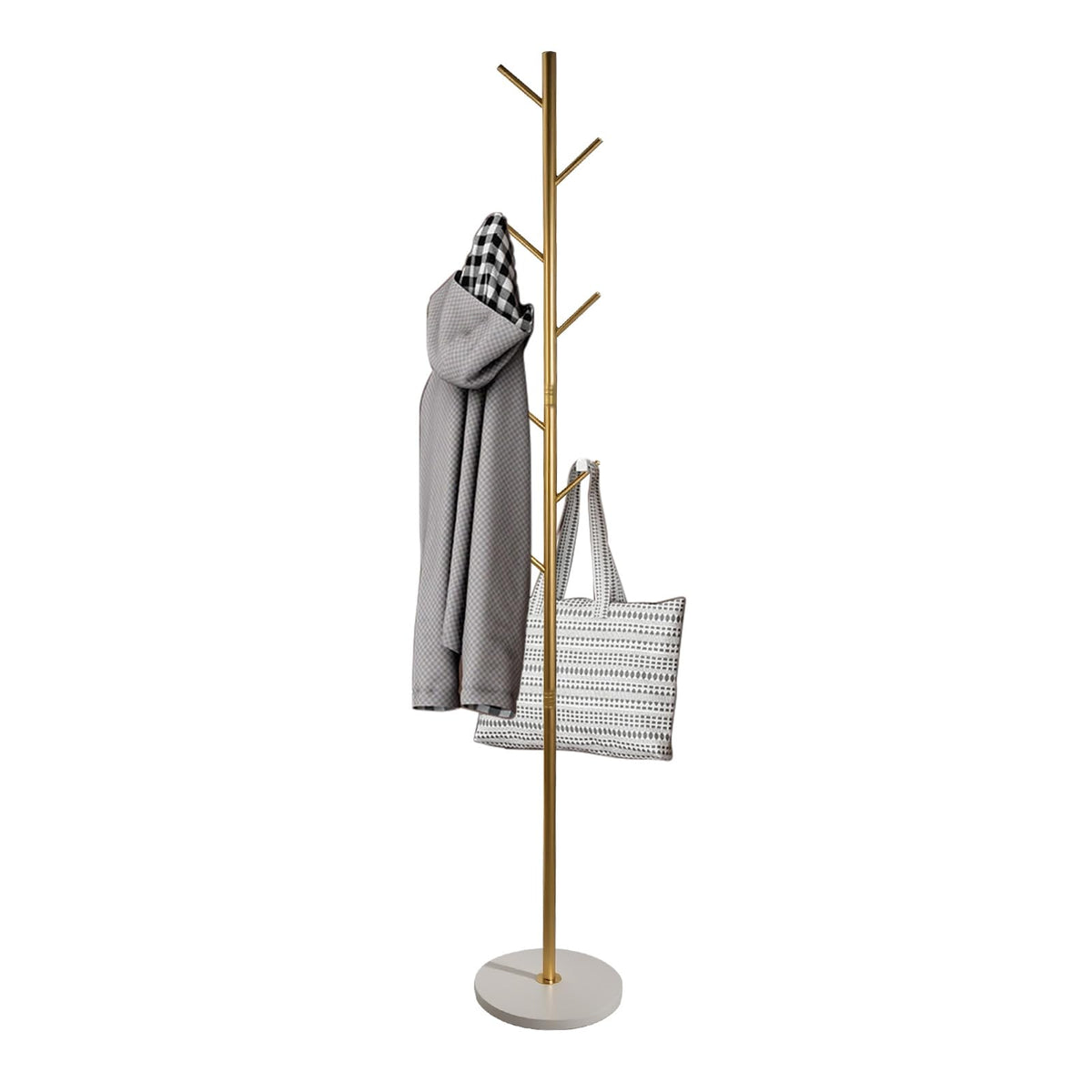 SKY-TOUCH Free Standing Hall Coat Tree with 7 Hooks, Stand Tree Rack with Marble Round Base, Entryway Coat Stand for Purses, Clothes, Scarves, for Hallway, Bedroom, Living Room, Golden-170*30*30cm